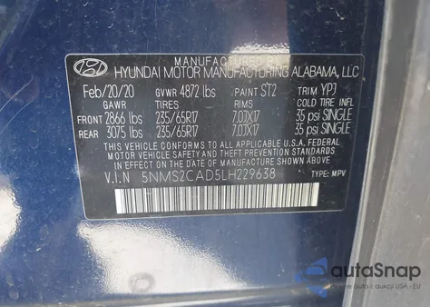 2020 Hyundai Santa Fe Se from USA, damaged, VIN 5NMS2CAD5LH229638